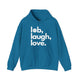 Antique sapphire pickleball hoodie with a lob, laugh, love text design and pickleball icon