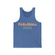 Blue triblend tank top with retro Pickleball Vibes text design in peach and sage