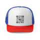 Blue/Red trucker cap with a QR code graphic with a small circular Coast to Coast Pickleball logo at its center