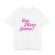 White pickleball t-shirt with a pink script One More Game text design