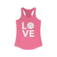 Hot pink racerback tank top with a LOVE text design and a pickleball replacing the O