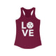 Cardinal red racerback tank top with a LOVE text design and a pickleball replacing the O