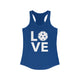 Royal blue racerback tank top with a LOVE text design and a pickleball replacing the O