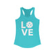 Tahiti blue racerback tank top with a LOVE text design and a pickleball replacing the O