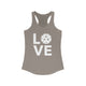 Warm gray racerback tank top with a LOVE text design and a pickleball replacing the O