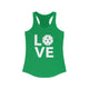 Kelly green racerback tank top with a LOVE text design and a pickleball replacing the O