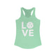Mint racerback tank top with a LOVE text design and a pickleball replacing the O