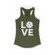 Military green racerback tank top with a LOVE text design and a pickleball replacing the O