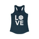 Midnight navy racerback tank top with a LOVE text design and a pickleball replacing the O