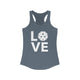 Indigo racerback tank top with a LOVE text design and a pickleball replacing the O