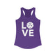 Purple rush racerback tank top with a LOVE text design and a pickleball replacing the O