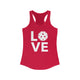 Red racerback tank top with a LOVE text design and a pickleball replacing the O