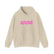 Sand pickleball hoodie with a pink retro bubble ERNE text design