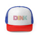 Blue/Red trucker cap with a rainbow-striped "DINK" wordmark