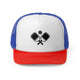 Blue/Red trucker cap with a minimalist icon of two crossed pickleball paddles and a ball