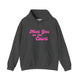 Dark heather pickleball hoodie with a pink script Meet You on the Court text design