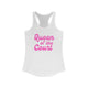 Pickleball women's racerback tank top with a pink script Queen of the Court text design