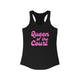 Solid black women's pickleball racerback tank top with a pink script Queen of the Court text design