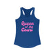 Pickleball women's racerback tank top with a pink script Queen of the Court text design