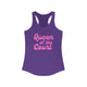 Pickleball women's racerback tank top with a pink script Queen of the Court text design