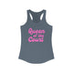 Solid indigo women's pickleball racerback tank top with a pink script Queen of the Court text design