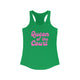Solid kelly green women's pickleball racerback tank top with a pink script Queen of the Court text design