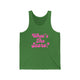 Pickleball tank top with a pink script What's the Score text design