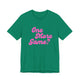 Kelly green pickleball t-shirt with a pink script One More Game text design