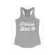 Heather grey racerback tank top with retro script Pickle Ball text and a pickleball icon