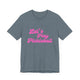 Heather slate pickleball t-shirt with a pink script Let's Play Pickleball text design