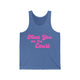 Blue triblend pickleball tank top with a pink script Meet You on the Court text design