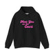 Black pickleball hoodie with a pink script Meet You on the Court text design