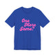 True royal blue pickleball t-shirt with a pink script One More Game text design