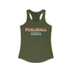 Military green racerback tank top with retro Pickleball Vibes text design in peach and sage