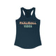Midnight navy racerback tank top with retro Pickleball Vibes text design in peach and sage