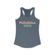 Indigo racerback tank top with retro Pickleball Vibes text design in peach and sage