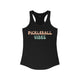Black racerback tank top with retro Pickleball Vibes text design in peach and sage