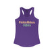 Purple rush racerback tank top with retro Pickleball Vibes text design in peach and sage