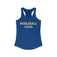 Royal blue racerback tank top with retro Pickleball Vibes text design in peach and sage