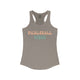 Warm gray racerback tank top with retro Pickleball Vibes text design in peach and sage