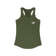 Military green racerback tank top with a small PICKLEBALLER chest logo featuring white crossed pickleball paddles