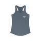 Indigo racerback tank top with a small PICKLEBALLER chest logo featuring white crossed pickleball paddles