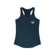 Midnight navy racerback tank top with a small PICKLEBALLER chest logo featuring white crossed pickleball paddles