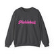 Dark heather pickleball crewneck sweatshirt with a pink script Pickleball text design