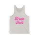Pickleball tank top with a pink script Drop Shot text design