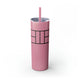 Glitter Magic Pink skinny tumbler with straw and a line-art illustration of a pickleball court