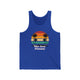True Royal unisex pickleball tank top with a retro sunset circle with silhouetted palm trees and "West Coast Pickleball" script text