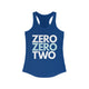 Royal blue racerback tank top with ZERO ZERO TWO text design