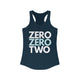 Midnight navy racerback tank top with ZERO ZERO TWO text design
