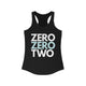 Black racerback tank top with ZERO ZERO TWO text design